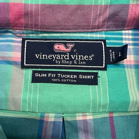 Vineyard Vines Shirt Men Large Slim Fit Tucker Button Up Casual Dress Green Blue - Picture 5 of 9